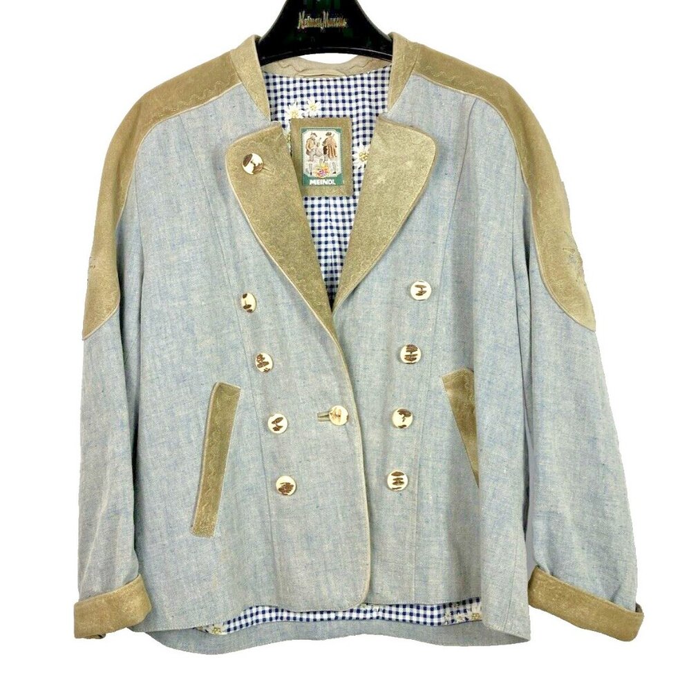 Meindl Blue linen Bavarian jacket embroidery Edelweis Horn Buttons Alpine Dirndl